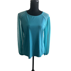 Women’s Teal Studded Mesh Sleeve Blouse, Size Small | Curations x Sarah Anderson